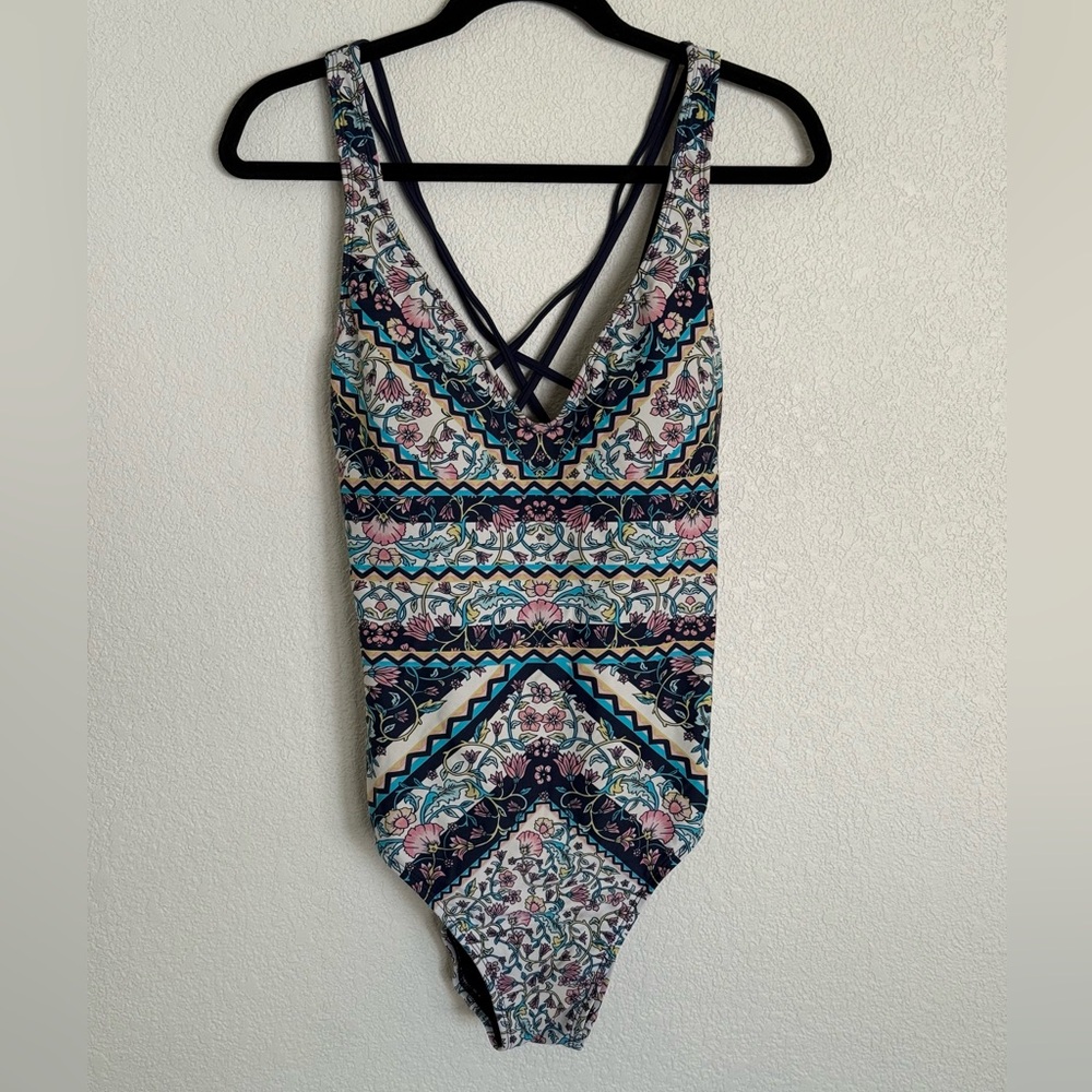 Kona Sol Navy, Pink & Teal Striped Floral One-Piece